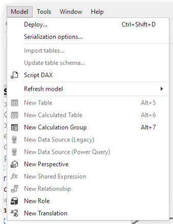 The Model menu in Tabular Editor